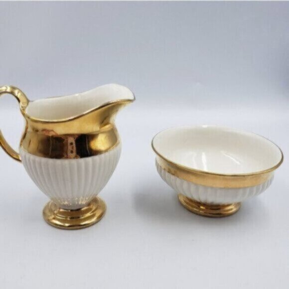 Vintage Royal Winton Grimwades Sugar Bowl & Creamer White Ribbed Golden Trim - Picture 5 of 16